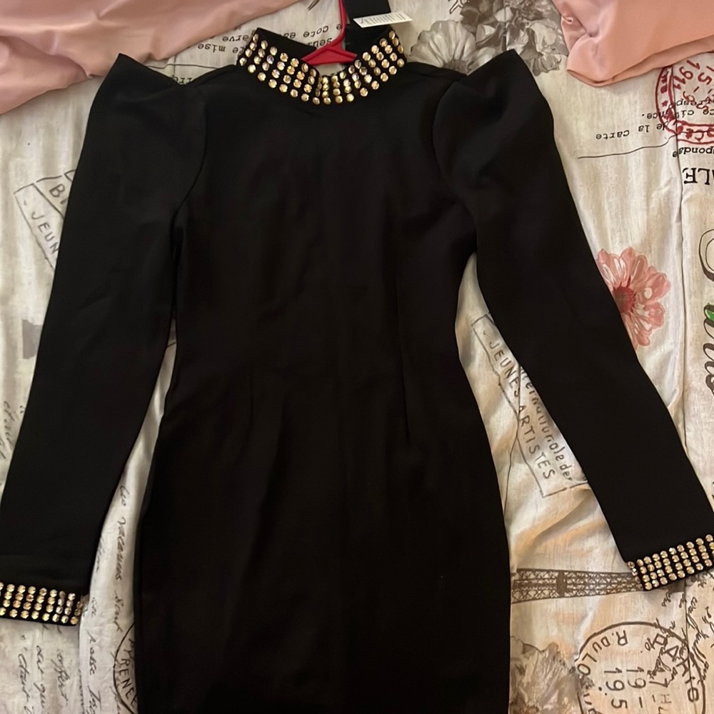 FN long sleeve mini rhinestone dress back is out never worn brand new